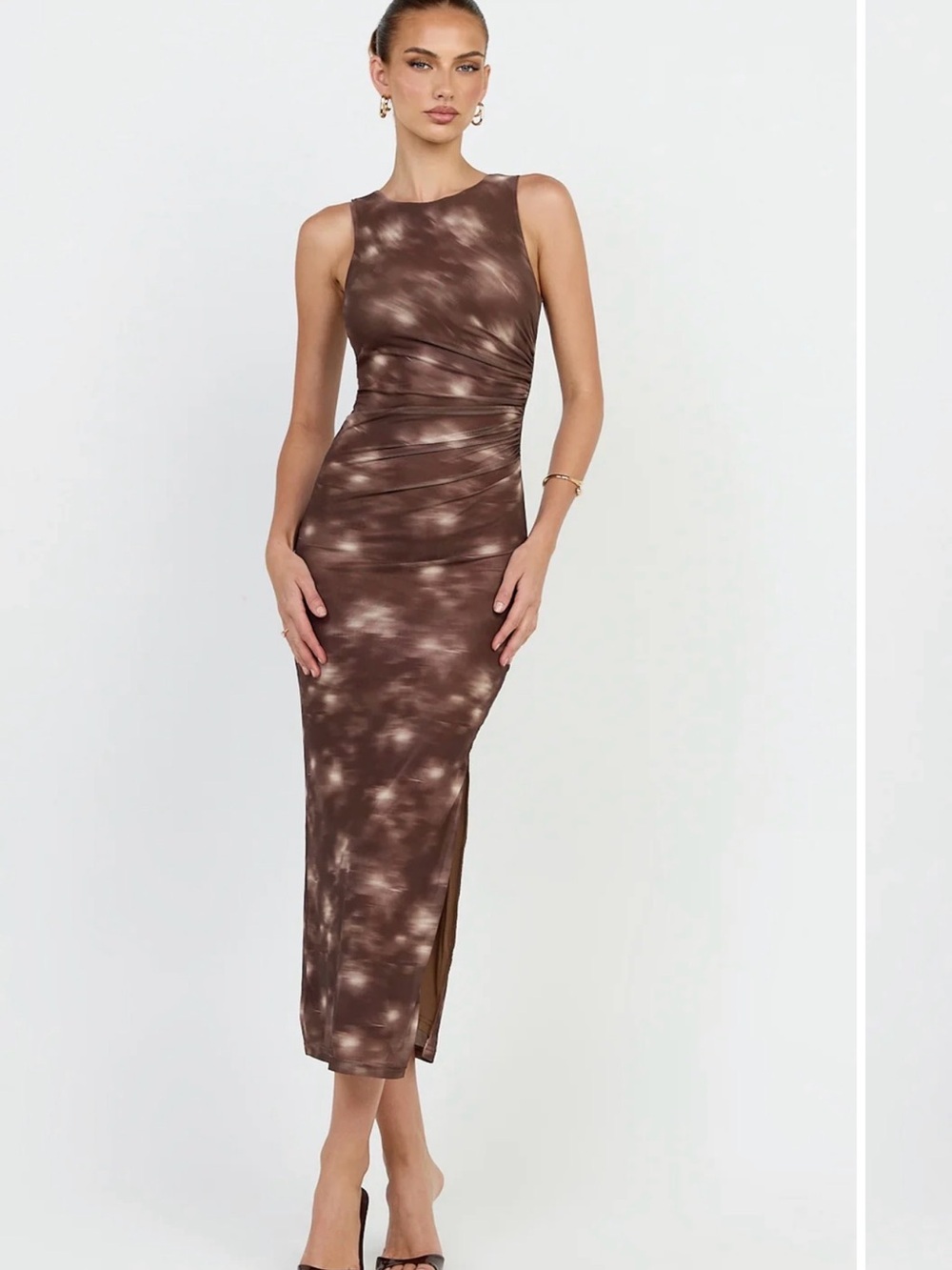 NWT SHOWPO LORALIE MIDI DRESS Mesh High Neck Bodycon In Chocolate Blurred Print